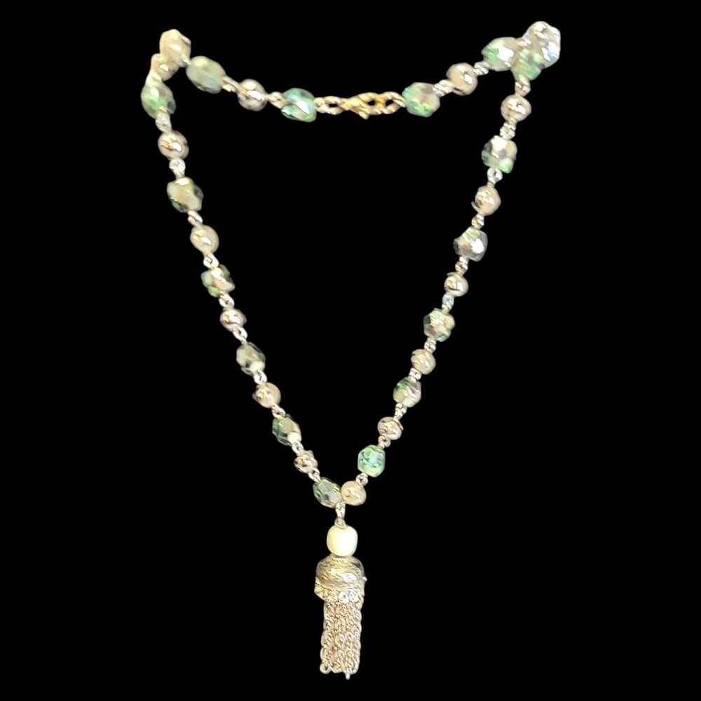 Green & Silver Tone‎ Crystal Glass Bead Tassel Pendant Necklace 26"
